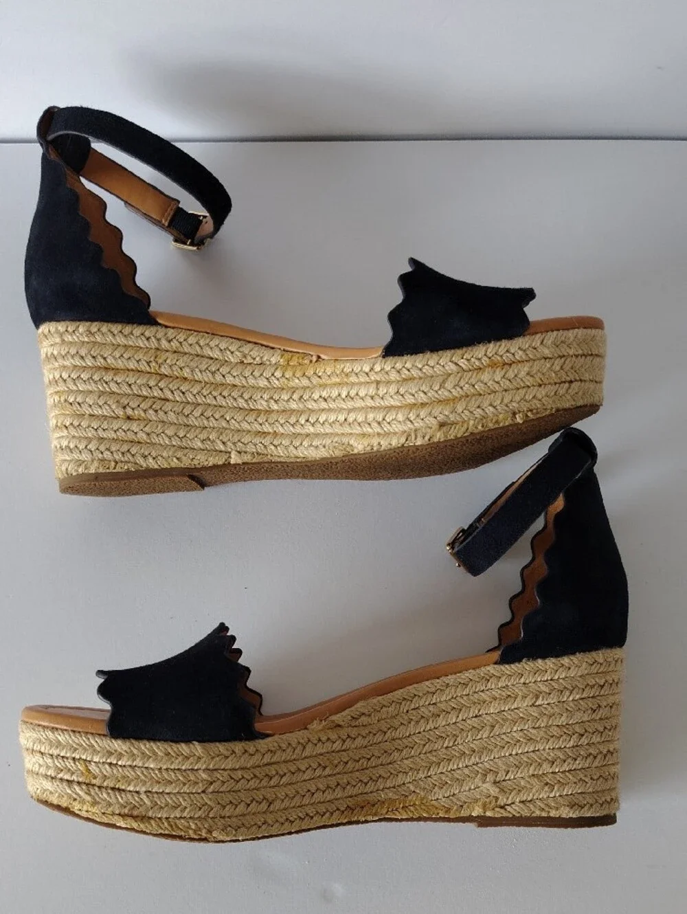 J. Crew Navy Scalloped Suede Wedge Espadrille Sandals